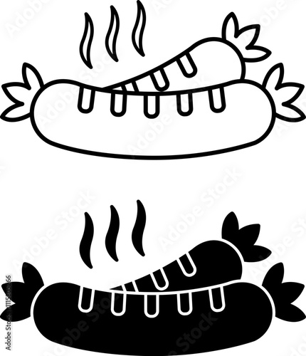 Sausage Icons. Black and White Vector Illustrations. Grilled Hot Sausages. Tasty Food. Fast Food Concept