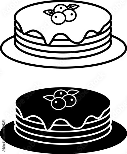 Pancakes Icons. Black and White Vector Illustration. Thin Fried Round Flatbreads with Sour Cream and Blueberries. Tasty Food. Fast Food Concept