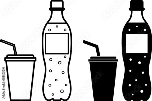 Soda Icons. Black and White Vector Illustration. Carbonated Drink and Plastic Cup with Straw. Carbonated Soft Drink. Fast Food Concept