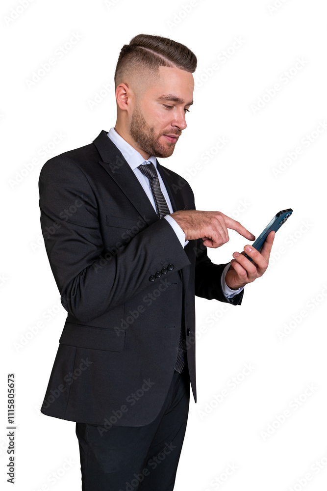 Businessman in asuit actively using a smartphone, isolated on white background. Professional concept, communication, modern technology Businessman in asuit actively using a smartphone, isolated on white background. Professional concept, communication, modern technology