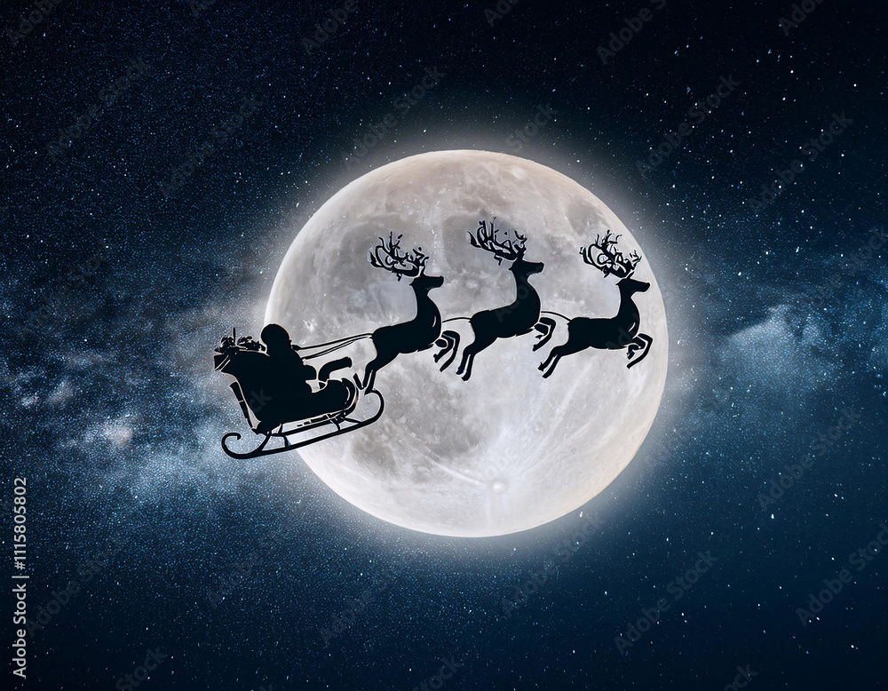 Naklejka premium Santa Claus flies his sleigh pulled by reindeer through a starry night sky with a full moon