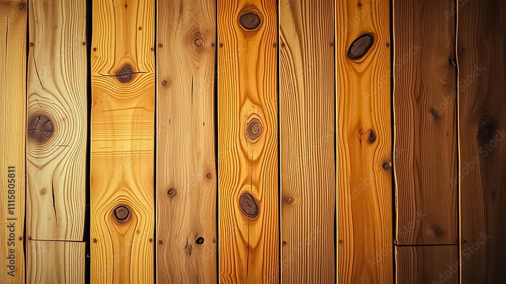 Fototapeta premium Warm-toned, rustic wooden planks background texture with natural knots and grain patterns