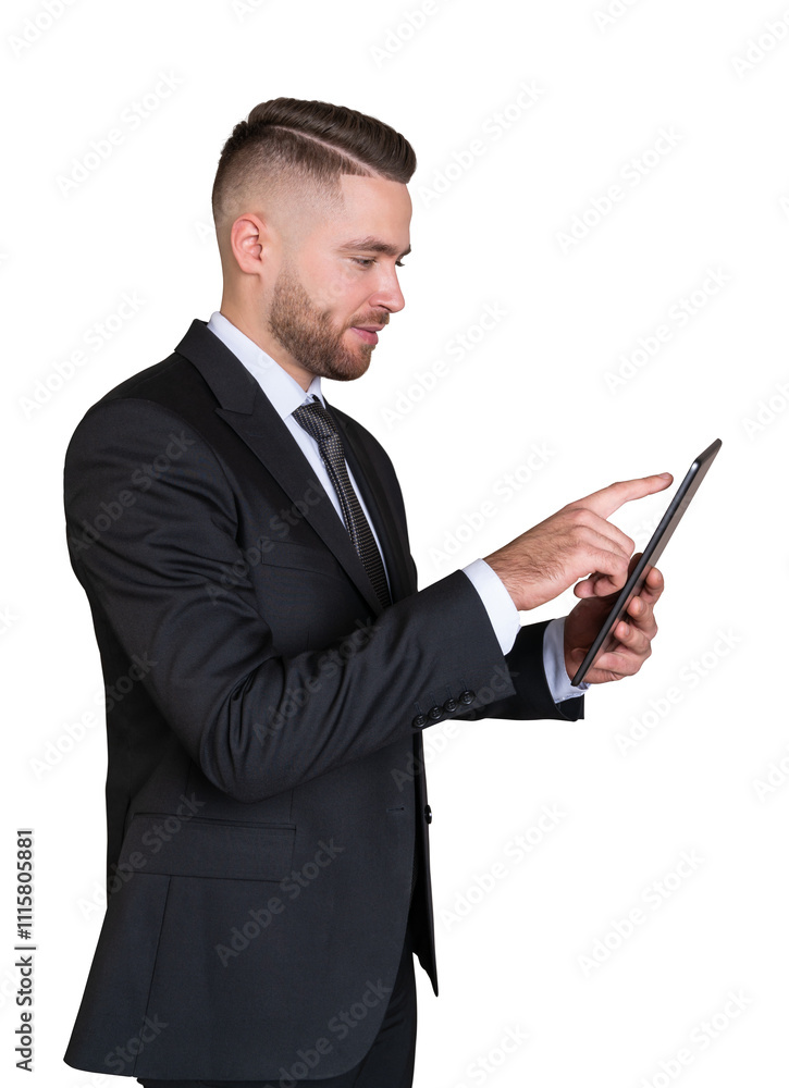 A businessman in aformal suit holding and using a tablet, isolated on a white background. Concept of professional technology usage A businessman in aformal suit holding and using a tablet, isolated on a white background. Concept of professional technology usage