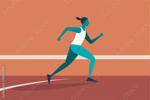 Illustration of a woman sprinting on a red track in dynamic attire with a teal splash. Energized scene with red background symbolizing competition and motion.