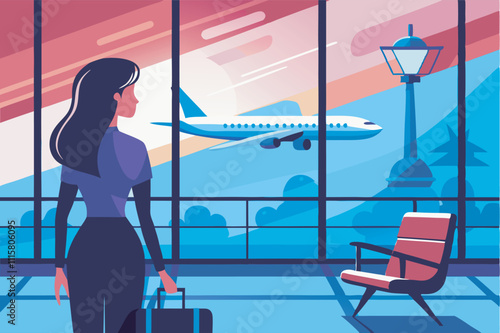 A woman in a suit with a suitcase at an airport window watches a plane take off. The serene setting hints at travel and anticipation.