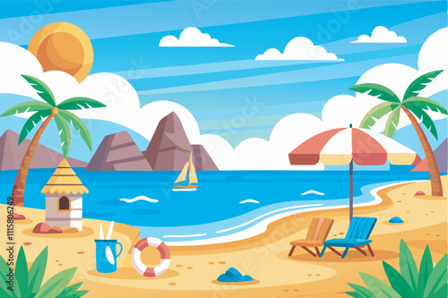 Summary: A vivid beach scene with loungers, umbrellas, a drink, sandcastle, ocean, sailboat, and palm trees. Evokes relaxation and vacation vibes on a perfect summer day by the sea.