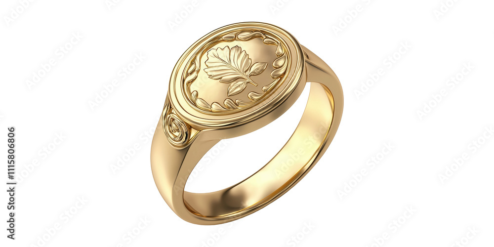 Gold signet ring with engraved leaf design isolated on transparent background Gold signet ring with engraved leaf design isolated on transparent background