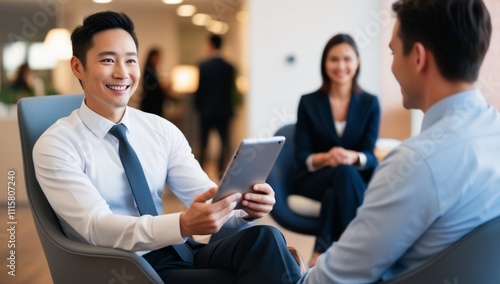 Happy real estate man using digital tablet with her clients during consultations in office