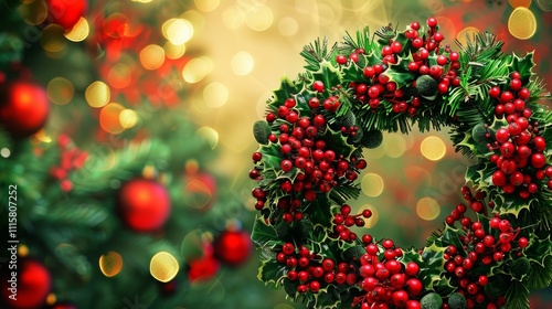 Christmas wreath decorated with a red ribbon on a red background, featuring festive ornaments and holly, capturing the spirit of the holiday season