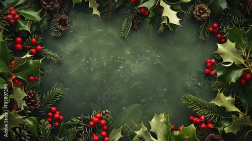 Christmas frame decorated with holly and berries against a festive background of branches and pine