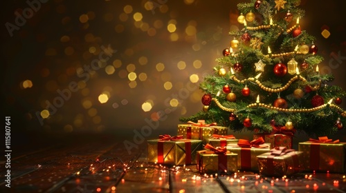 Christmas Tree with Gifts: A beautifully decorated Christmas tree with twinkling lights and ornaments, adorned with gold and red accents, stands majestically in front of a pile of wrapped presents.