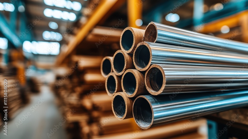 The image showcases shiny steel pipes arranged with precision in a bustling industrial warehouse environment, embodying modern efficiency and organization in metal storage. The image showcases shiny steel pipes arranged with precision in a bustling industrial warehouse environment, embodying modern efficiency and organization in metal storage.