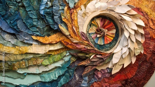 Art made from recycled paper materials, including various textures and colors photo