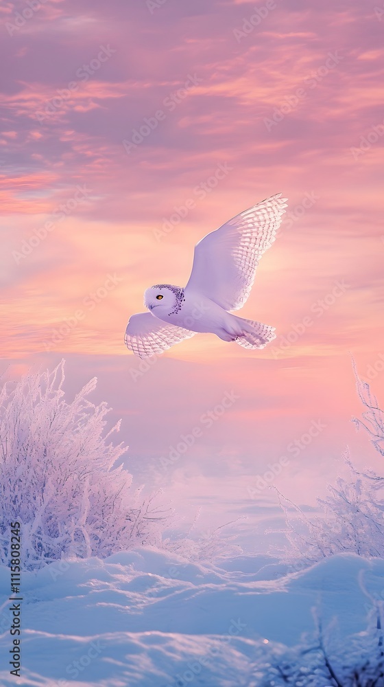 Fototapeta premium Photo of a snowy owl flying over the tundra