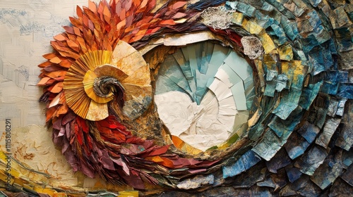 Art made from recycled paper materials, including various textures and colors photo