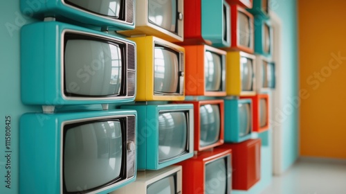 A collection of vividly colored vintage TVs stacked in an arrangement of retro style, highlighting the aesthetic charm and design elements from past decades. photo