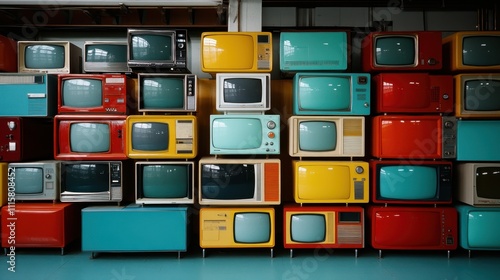 A vast collection of colorful vintage televisions showcasing retro design styles, each unit displaying exquisite details from the technological past with artistry. photo