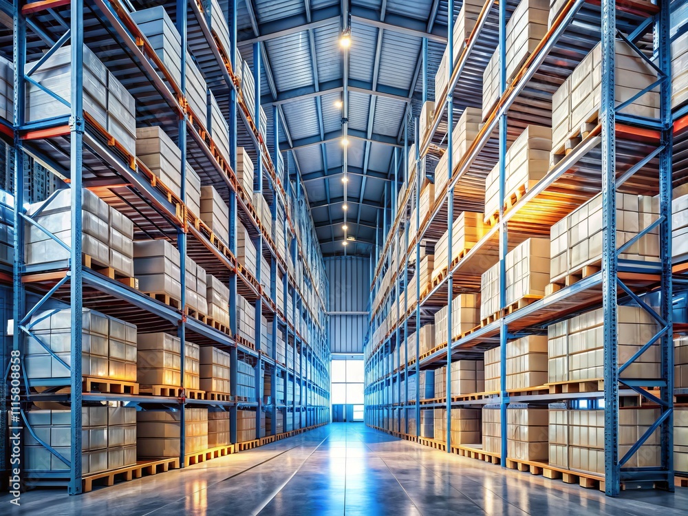 Fototapeta premium Expansive Rows of Shelves Filled with Boxes in a Modern Warehouse Setting, Showcasing an Organized and Efficient Storage Solution for Retail and Inventory Management