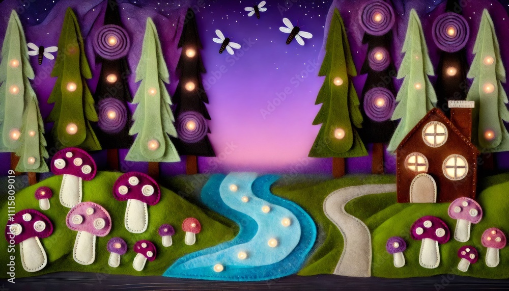 Naklejka premium Glowing river winding through felt forest at twilight with dragonflies flying above