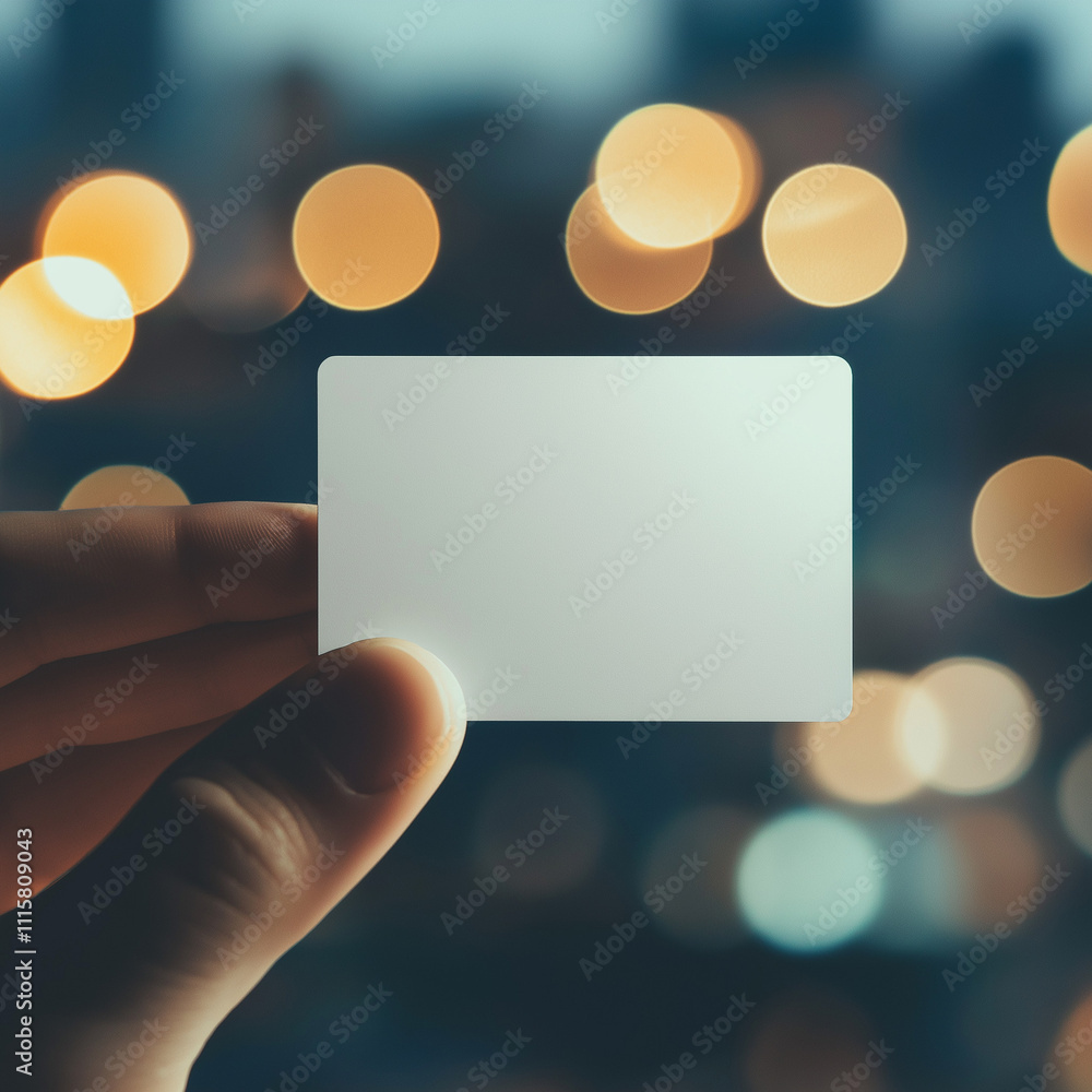 Obraz premium hand holding blank transparent business card/ mockup/template in blurred golden bokeh background