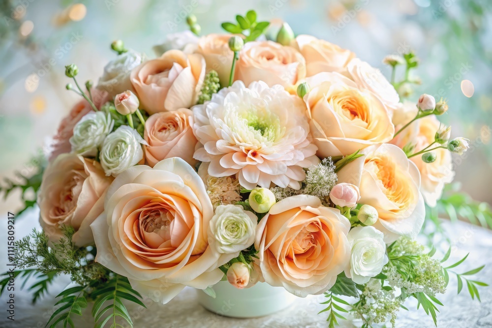 Exquisite Floral Arrangement of Soft Peach and White Blooms for Romantic Events and Wedding Invitations, Capturing Serenity and Elegance in Floral Design Photography Exquisite Floral Arrangement of Soft Peach and White Blooms for Romantic Events and Wedding Invitations, Capturing Serenity and Elegance in Floral Design Photography
