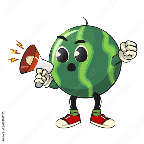 cute watermelon cartoon character shouting with a loudspeaker, watermelon mascot cute cartoon characters for icon, mascot, logo, label, poster, banner, print, sticker, clip art