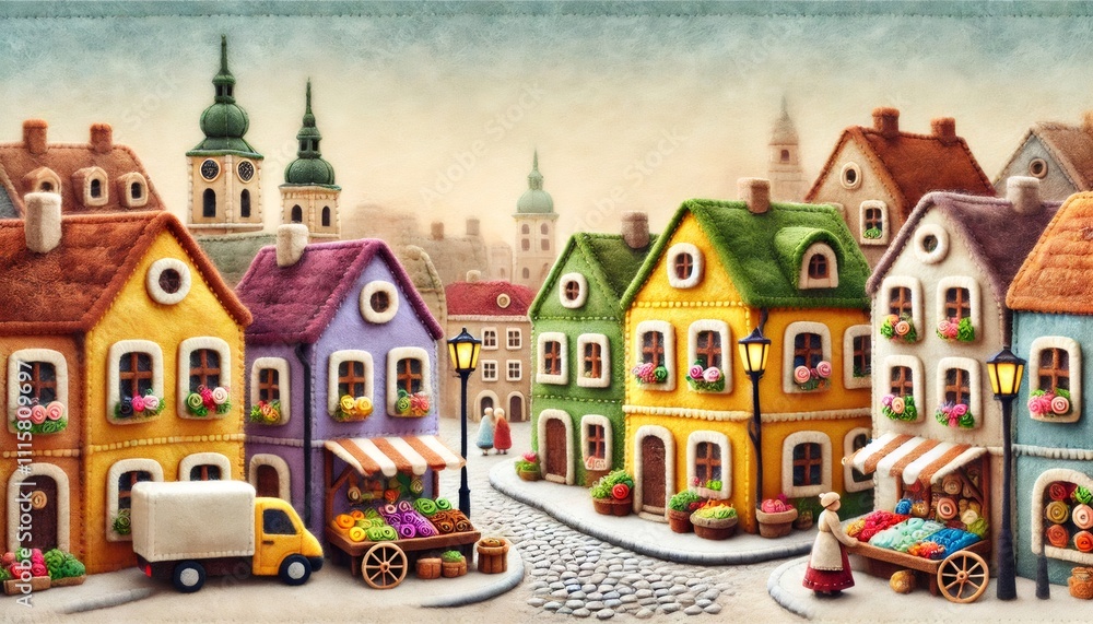 Naklejka premium Charming felt european town with flower shops and delivery truck