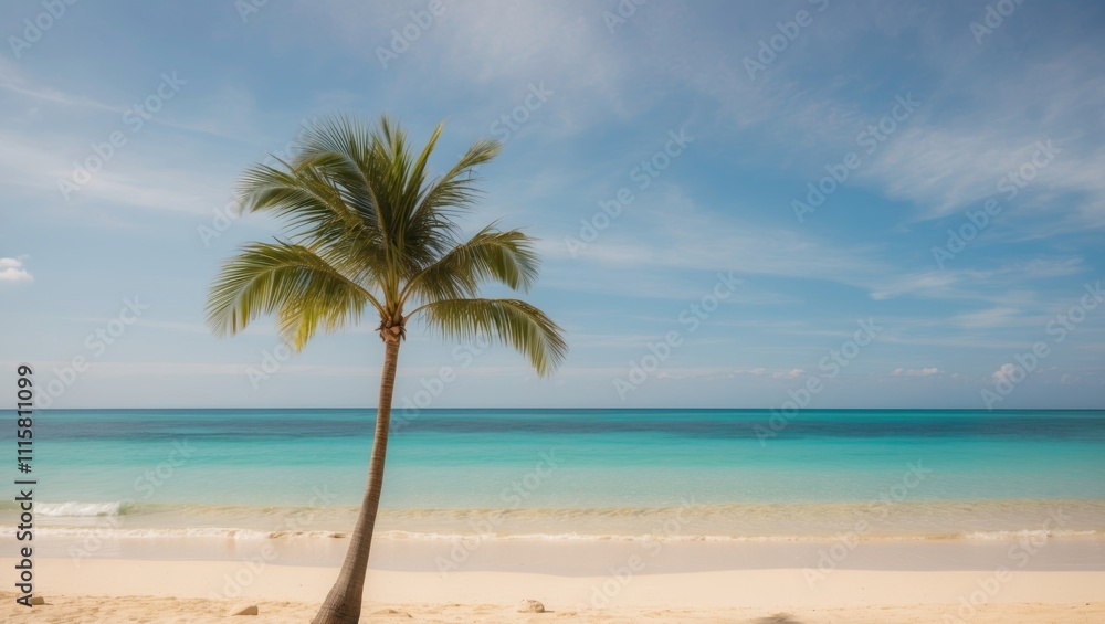 Obraz premium Tropical beach with palm tree and turquoise ocean.