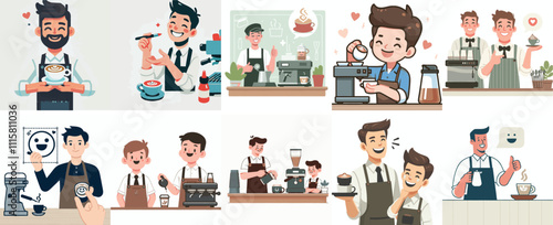 Vector Set of a Happy Barista in a Simple Flat Design Style