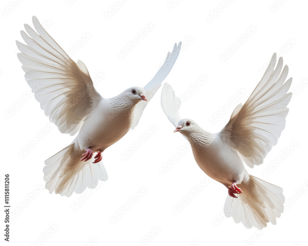 Fototapeta premium Two white doves soaring gracefully in flight, cut out - stock png.