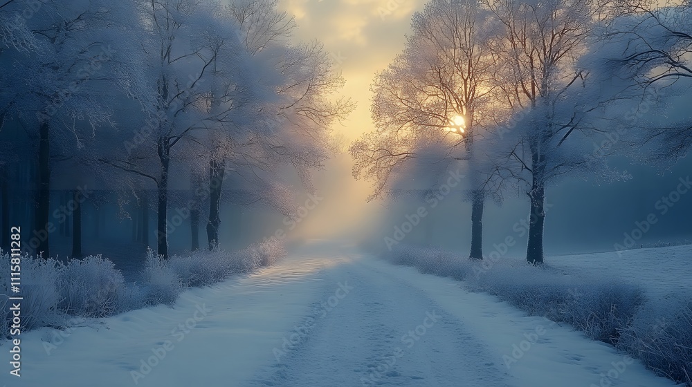 Obraz premium Winter forest with frosted trees, snow-covered ground, tranquil background with icy highlights