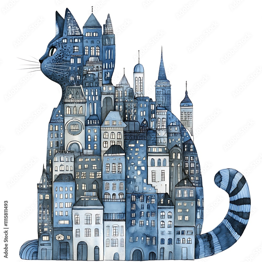 Obraz premium Enchanting Illustration of a Cat Silhouetted Against Cityscape