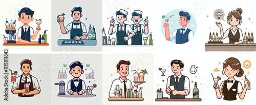 Vector Set of a Happy Bartender in a Simple Flat Design Style