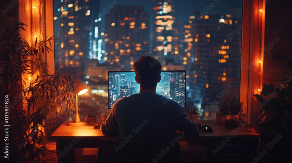 A man sits focused at his desk, immersed in work as vibrant city lights twinkle through the window. The warm glow of a lamp complements the lively urban backdrop at night A man sits focused at his desk, immersed in work as vibrant city lights twinkle through the window. The warm glow of a lamp complements the lively urban backdrop at night