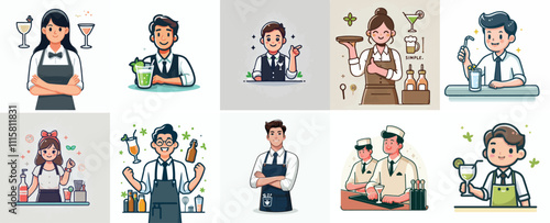 Vector Set of a Happy Bartender in a Simple Flat Design Style