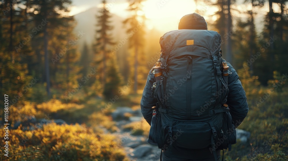 Hiker with large backpack walking on forest trail under golden sunlight, outdoor adventure, nature exploration, trekking journey, serene greenery, peaceful surroundings, travel lifestyle. Hiker with large backpack walking on forest trail under golden sunlight, outdoor adventure, nature exploration, trekking journey, serene greenery, peaceful surroundings, travel lifestyle.