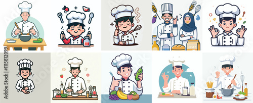 Vector Set of a Happy Chef in a Simple Flat Design Style