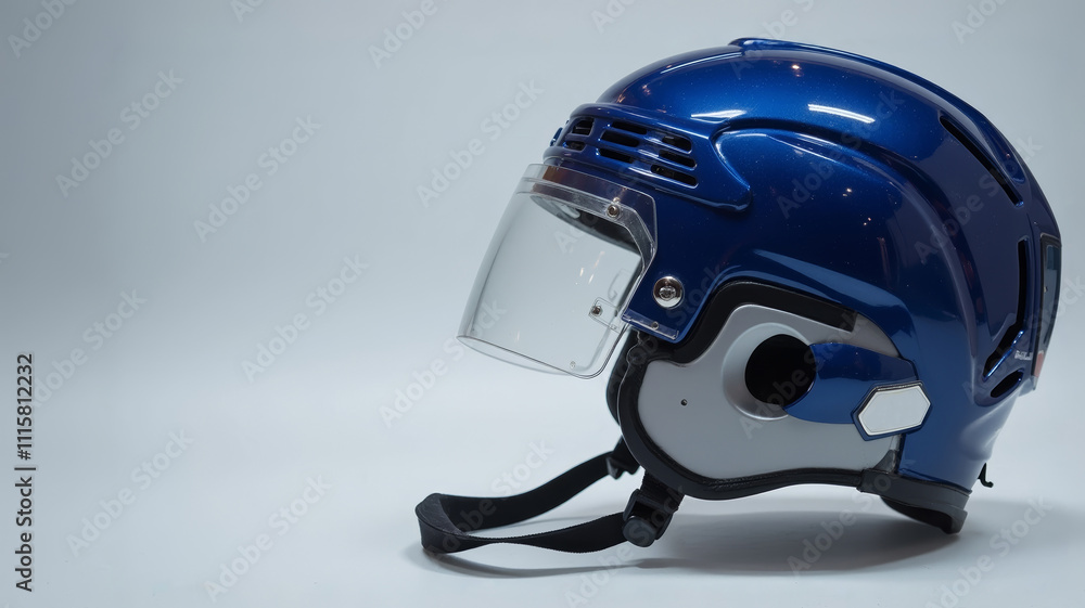 Modern blue ice hockey helmet with visor, sport gear for winter sports, rink setting, copy space Modern blue ice hockey helmet with visor, sport gear for winter sports, rink setting, copy space