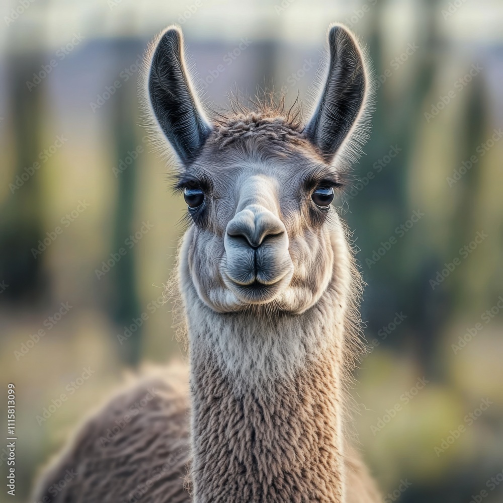 Fototapeta premium A charming llama stands proudly in a sunlit desert, curiously observing the surrounding cacti. The tranquil atmosphere captures the essence of this unique habitat, inviting wonder