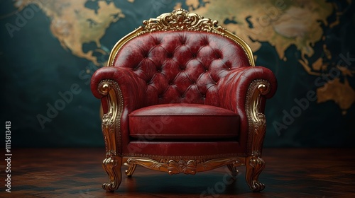 Elegant red leather armchair with ornate golden details in luxurious setting, royal furniture, classic design, opulent decor, rich texture, vintage interior, luxury atmosphere. photo