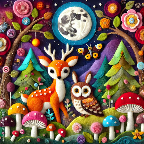 Felt applique of deer and owl enjoying magical night in whimsical forest photo