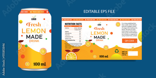 Lemonade label design,  lemon drink label design editable eps vector file, soft drink label design, fruit juice label  soda can design.