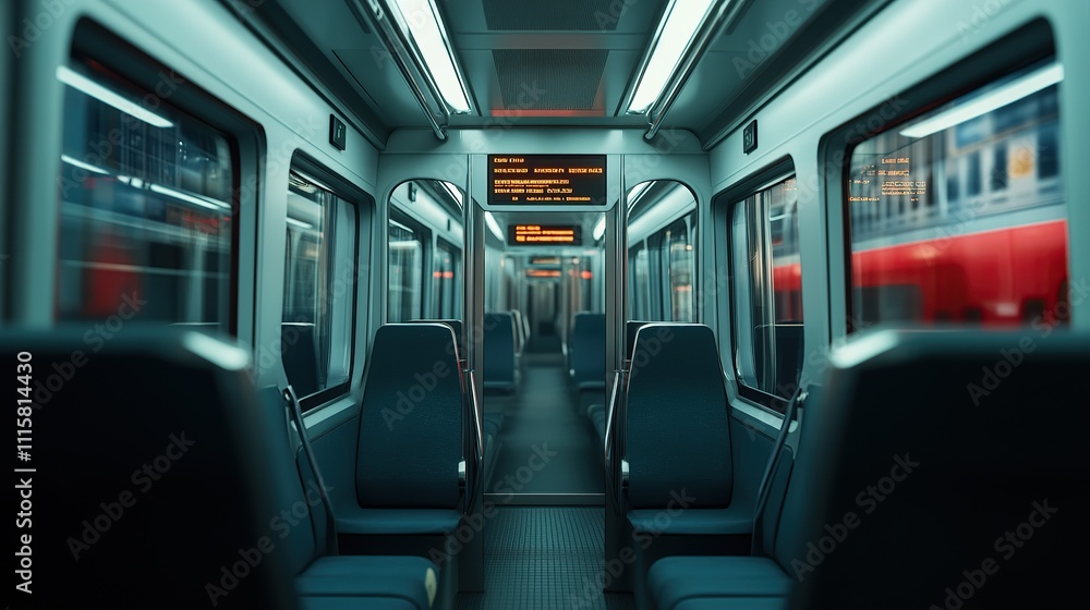 Fototapeta premium Interior view of a modern train carriage with empty seats.