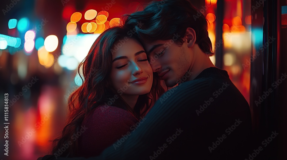 Obraz premium A couple embraces warmly in a vibrant, colorful urban setting.