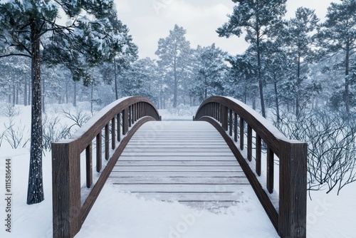 Snowy Wooden Bridge in Winter Forest Landscape Serenity Nature Travel