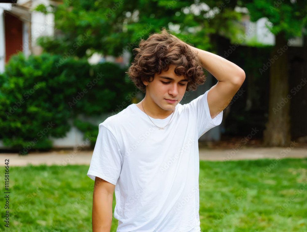 Young man with curly brown hair in a white shirt, outdoors, wiping sweat from his forehead, captured in a natural and candid moment. Generative AI Young man with curly brown hair in a white shirt, outdoors, wiping sweat from his forehead, captured in a natural and candid moment. Generative AI