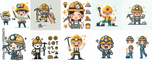 vector set of a happy Miner with a simple flat design style