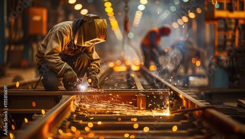 A worker in safety gear and protective glasses is working on the railroad tracks, welding them together with an industrial welding machine to create new paths for trains. photo