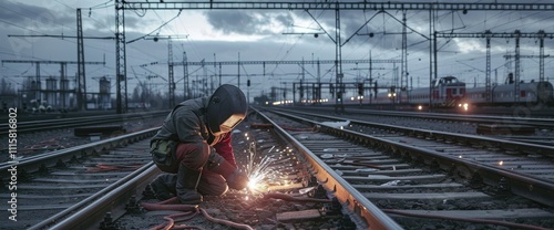 A worker in safety gear and protective glasses is working on the railroad tracks, welding them together with an industrial welding machine to create new paths for trains.