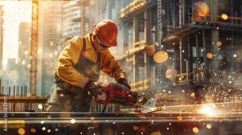 A worker in safety gear and protective glasses is working on the railroad tracks, welding them together with an industrial welding machine to create new paths for trains. photo